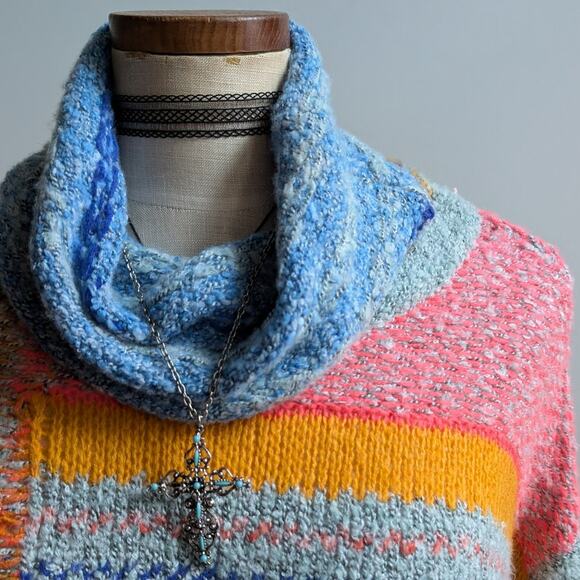 Chunky Knit Oversize Striped Turtleneck Sweater Cropped Kawaii Boho Cute Medium - Picture 3 of 6